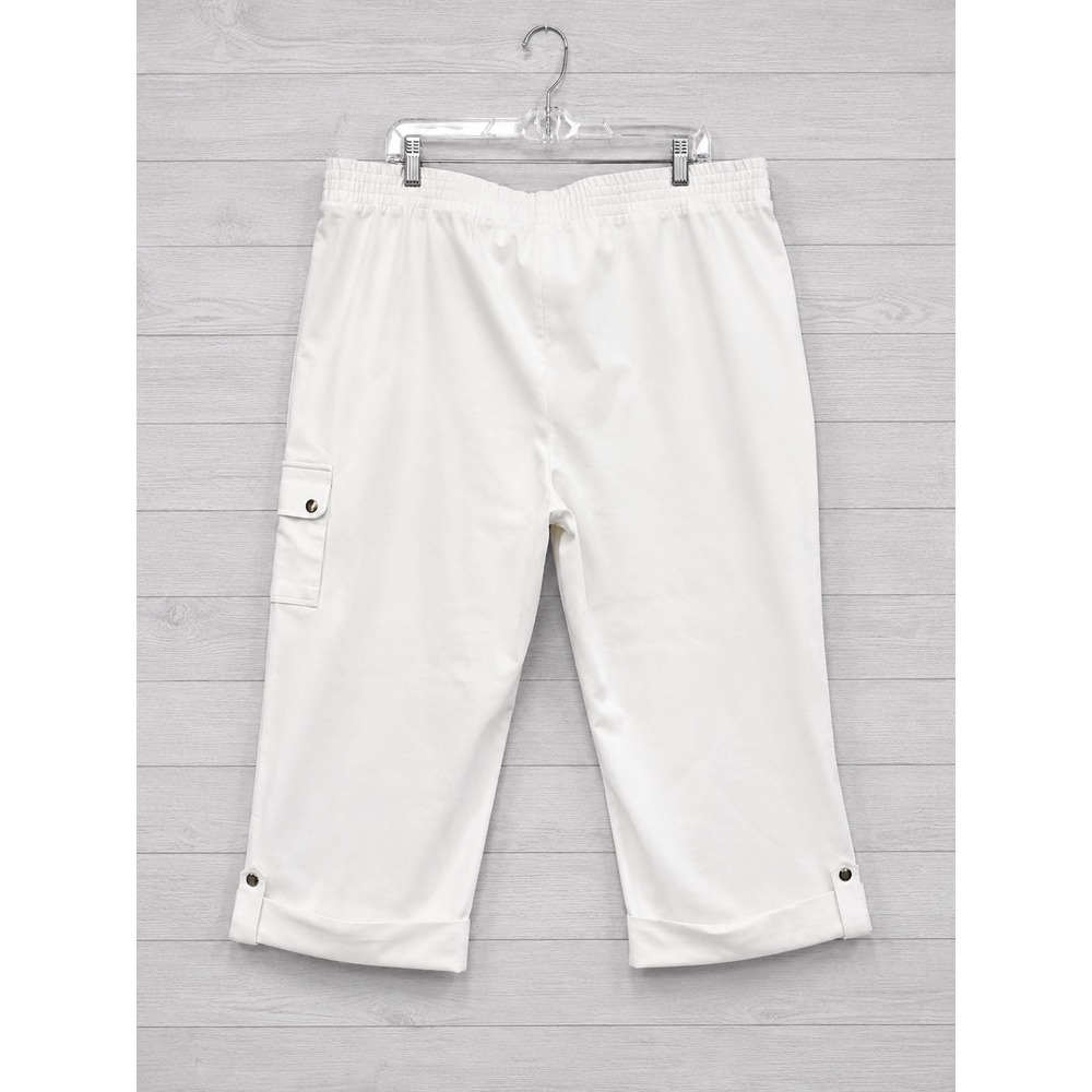 Susan Graver Cargo Crop Capri Pants 3X White Pull On Waist Stretch Inseam 22"